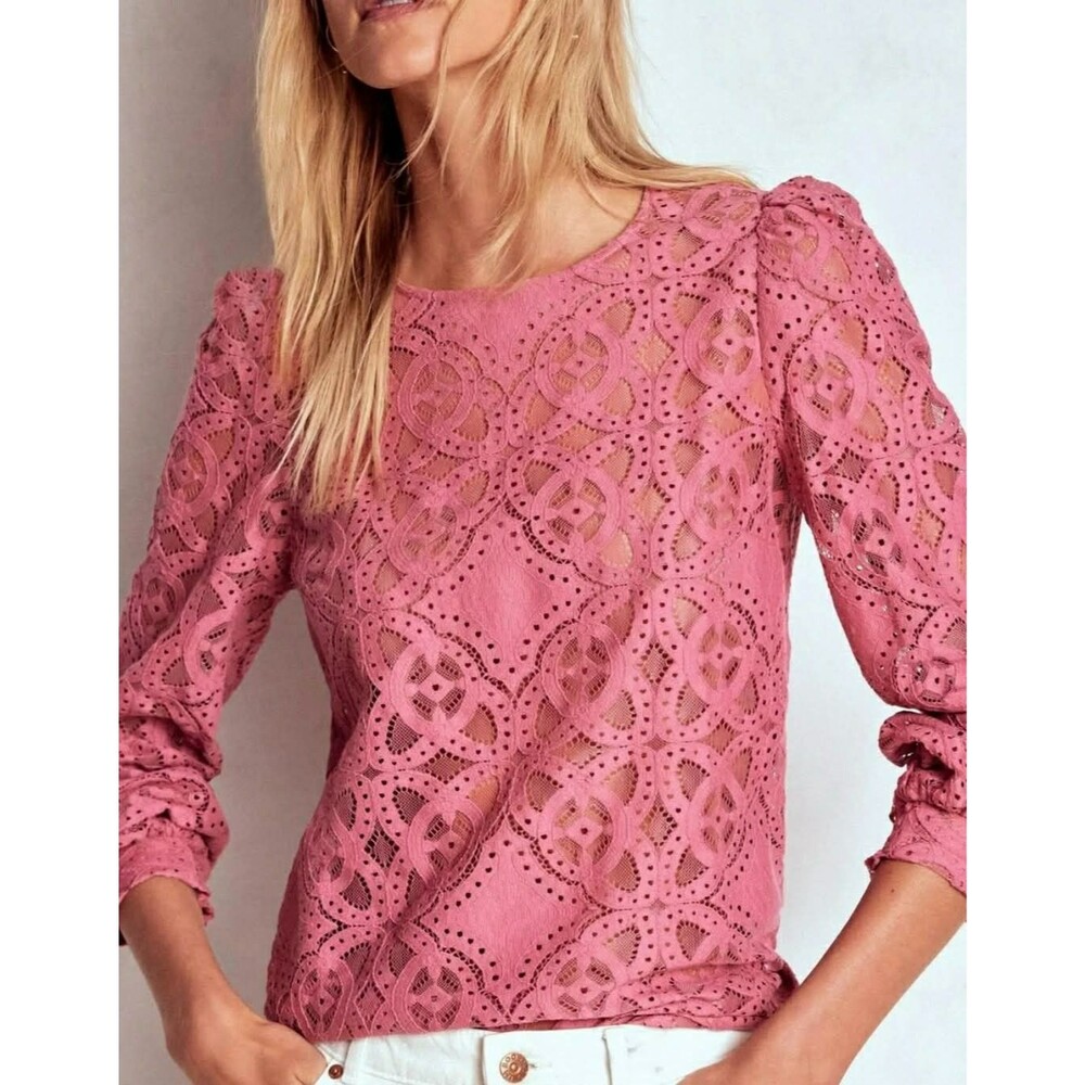 New BODEN Lace Crew Neck Top sz. 2 XS Mauve Rose Feminine Coquette Sheer Dainty
